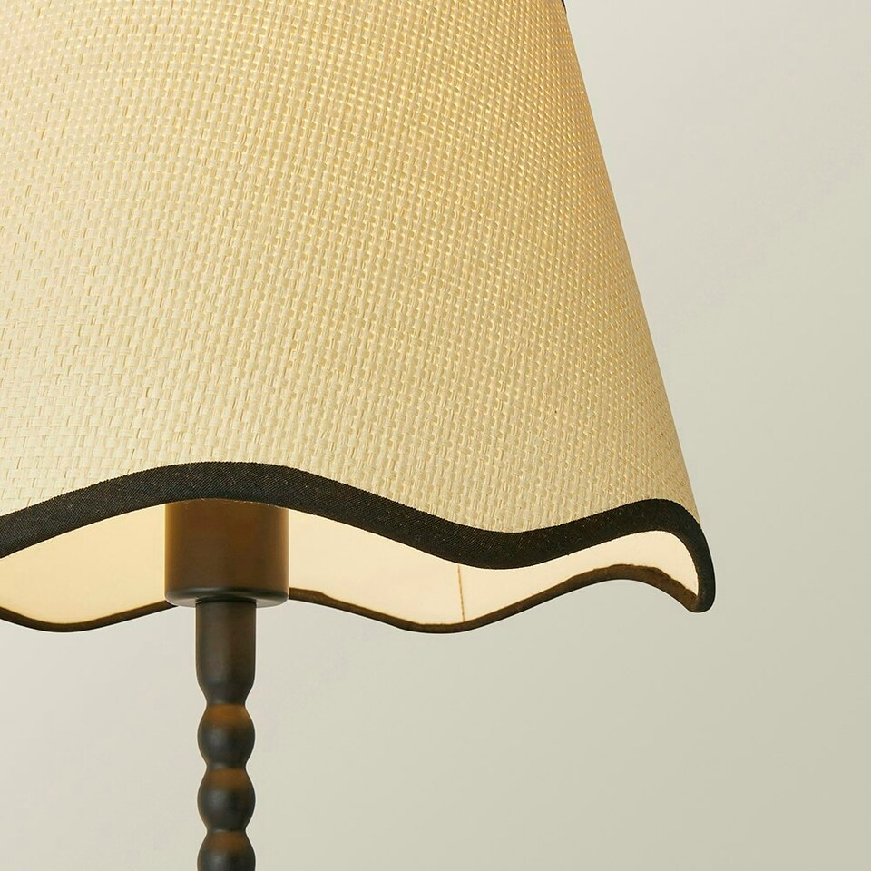 image 1 of ValueLights Maeve Natural Scallop Black Trim Drum Shade Matte Black Bobbin Bobble Table Lamp Black