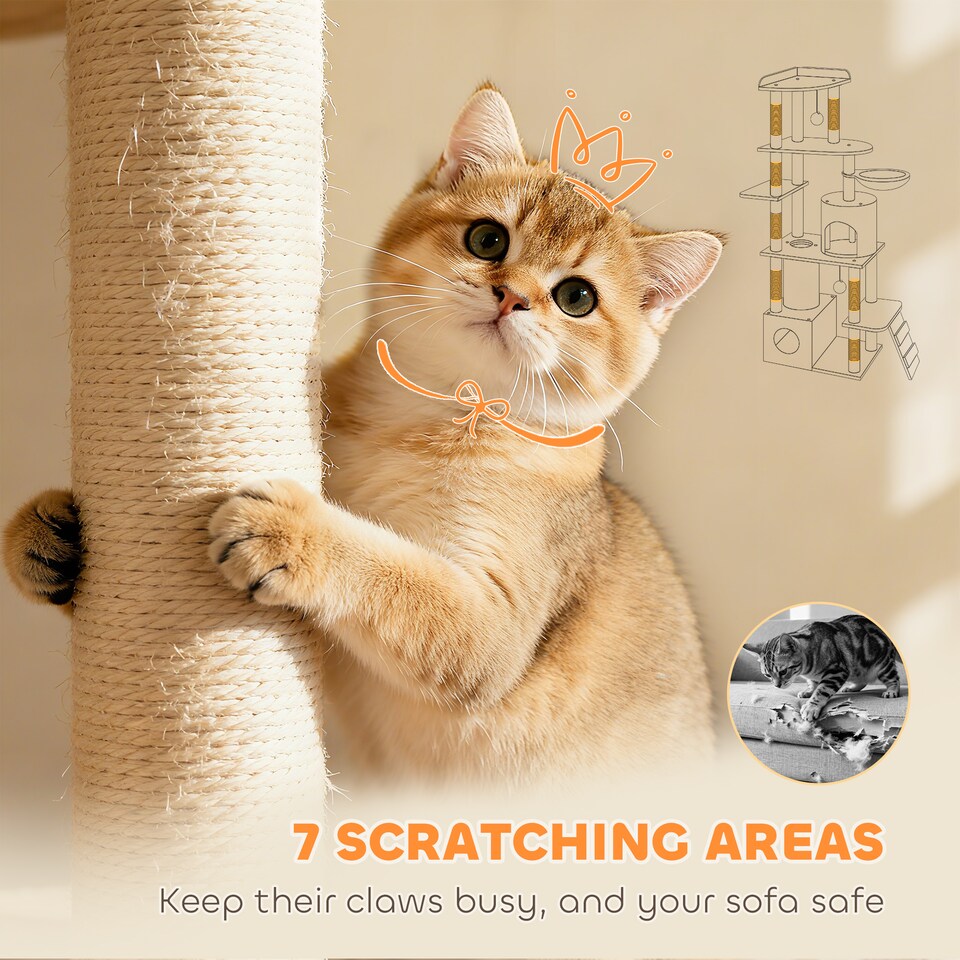 image 1 of PawHut Cat Tree, 170 cm Large Cat Tower with 7 Scratching Posts, 1 Tunnel, 2 Condos, 1 Hammock, 1 Perch, 1 Ramp, 3 Platforms, 2 Pompoms, Multi-Level Kitty House for Indoor Kittens, Light Grey