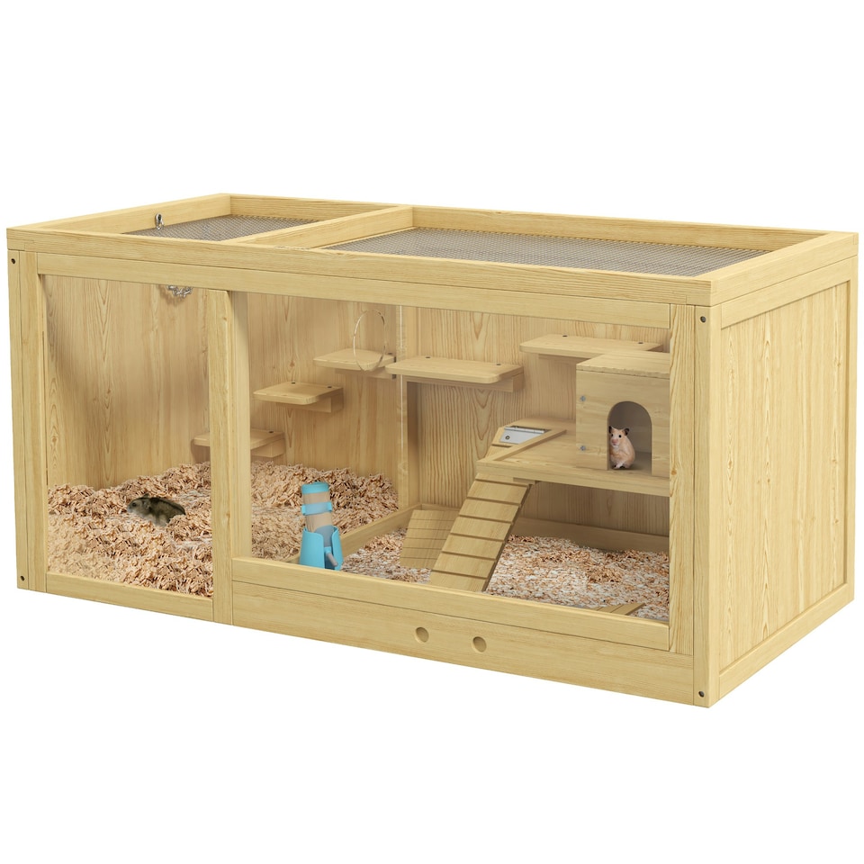 image 1 of PawHut Wooden Hamster Cage with Water Bottle, Platforms, Openable Roof