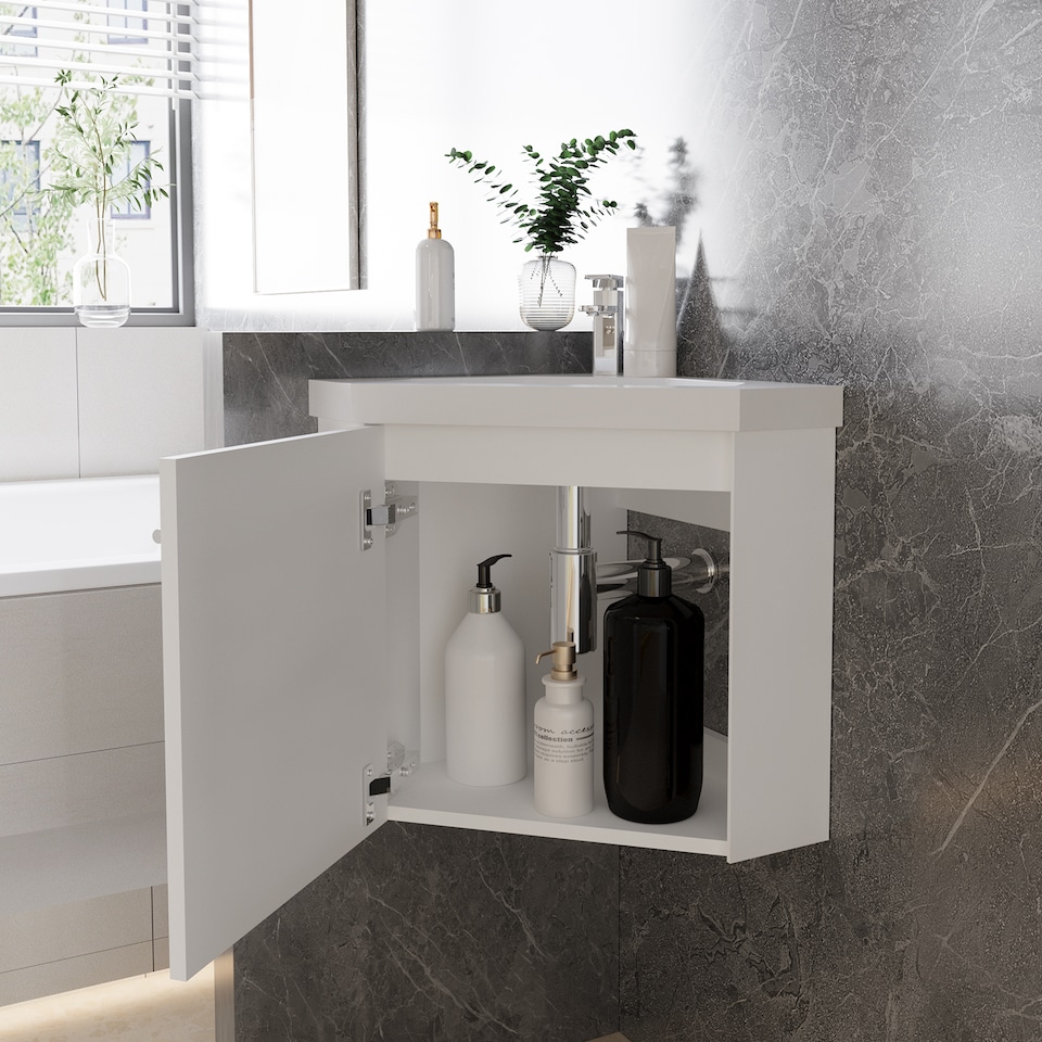 image 1 of AICA 395mm Matte White Bathroom Vanity Unit With Integrated Sink, 1 Door Soft-Close Place in the corner