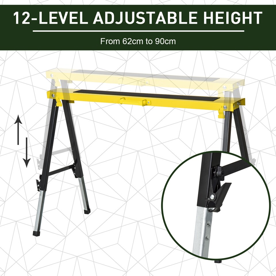 image 1 of DURHAND Set of 2 Folding Saw Horses Steel Frame w/ Anti-Slip Platform Handle DIY | Yellow | Yellow and Black
