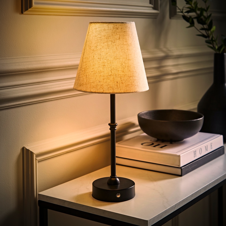 image 1 of ValueLights Lowe Black Rechargeable Table Lamp Linen Shade