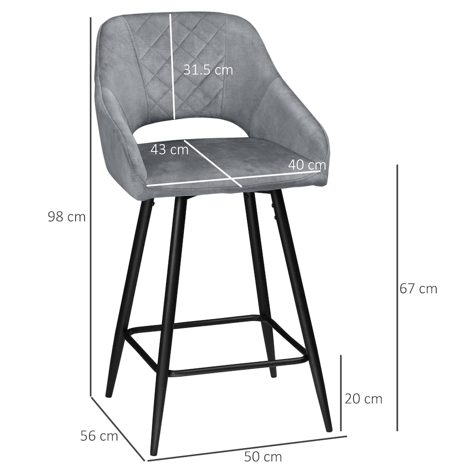image 1 of HOMCOM Bar Stools Set of 2 Velvet-Touch Fabric Counter Bar Chairs Grey