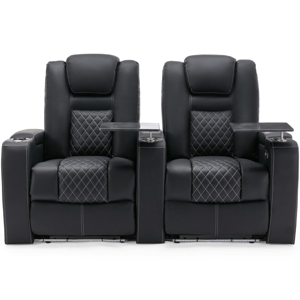 image 1 of Broadway 2 Seater Cinema Electric Recliner Chair USB LED Base w Tray (Black w White stitching)