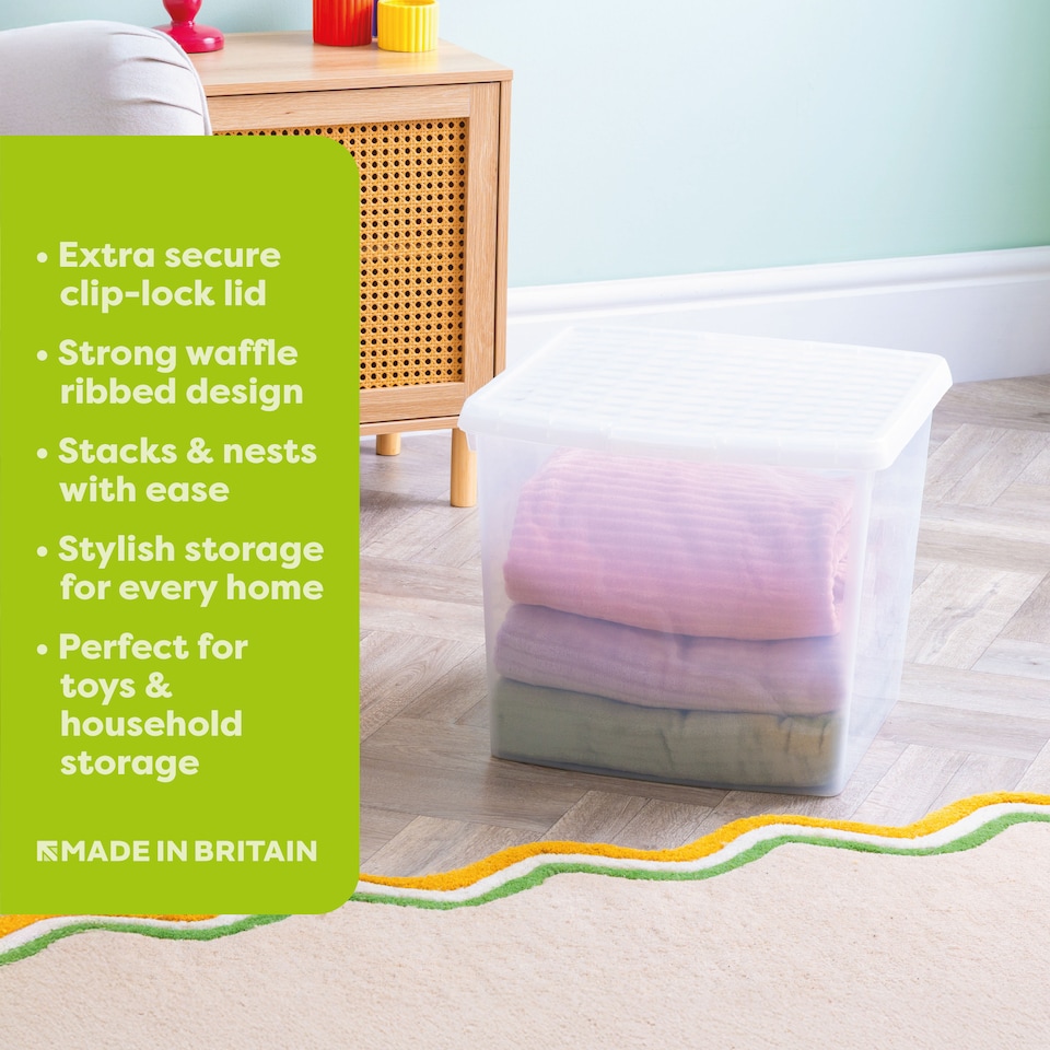 image 1 of Wham Clip 5x 37L Square Plastic Storage Boxes with Clip Lock Lids. Ideal for Home, Office, Toys & More - Clear/Clear | Clear | 5