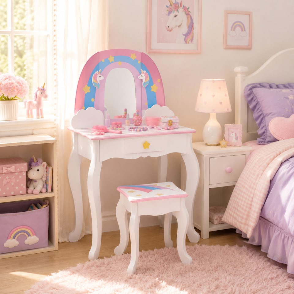 image 1 of Teamson Kids Play Vanity with Mirror, Pegs & Stool, Rainbow Unicorn