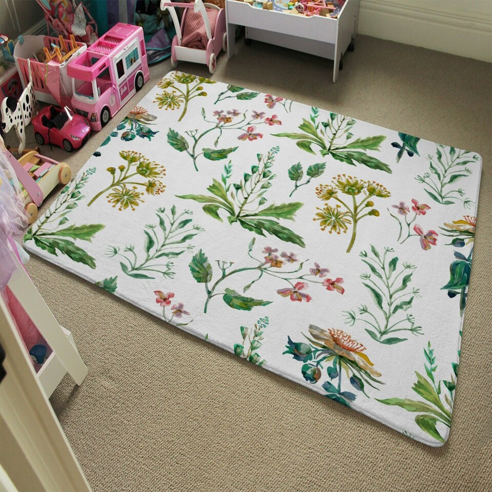 image 1 of Watercolour Leaves & Flowers (Rug) Green | Medium: 80x150cm