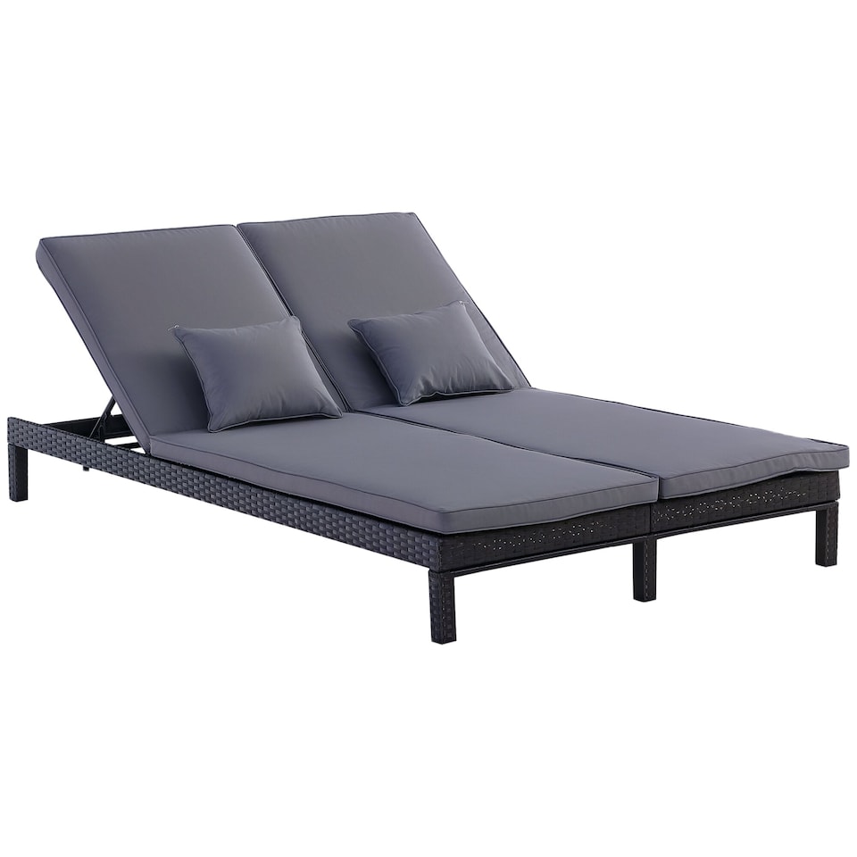 image 1 of Outsunny Double Rattan Sun Lounger, Garden Daybed with 5-Level Adjustable Backrest, Outdoor Lounge Sunbed with Cushion and Pillows, 2 Seater Wicker Patio Furniture, Black