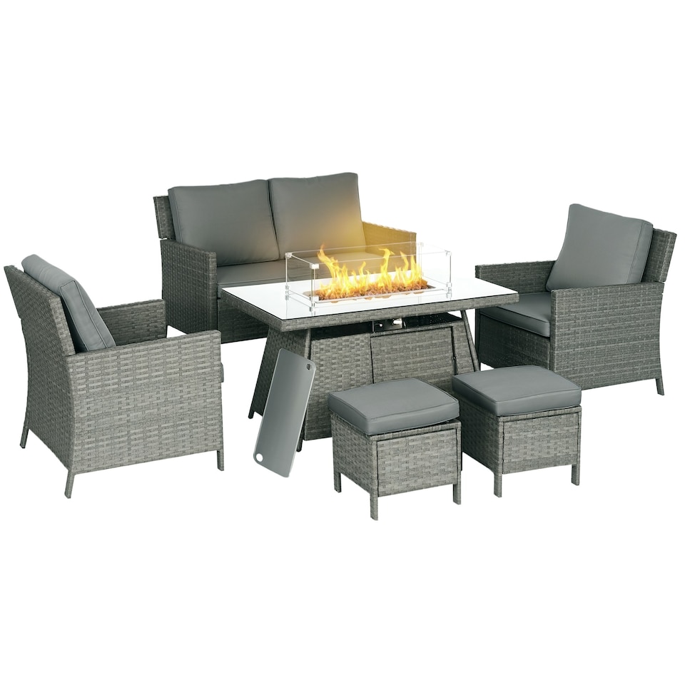 image 1 of Outsunny Rattan Garden Furniture Sofa Set Armchairs Footstools Fire Pit Table