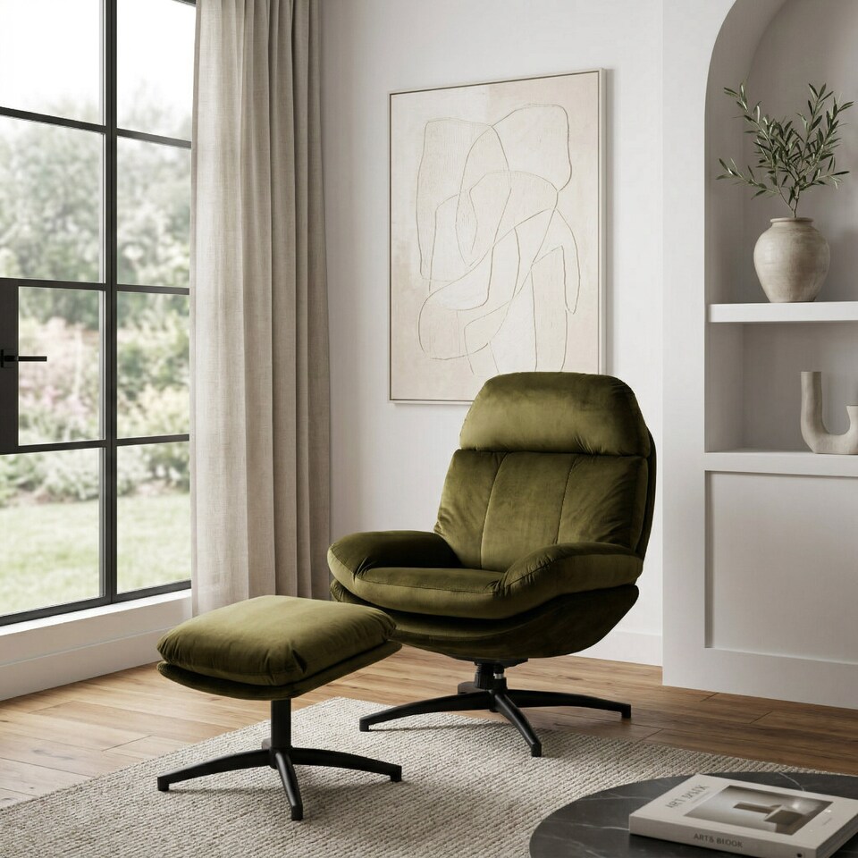 image 1 of Velvet Blue Brenna Swivel Armchair with Footstool
