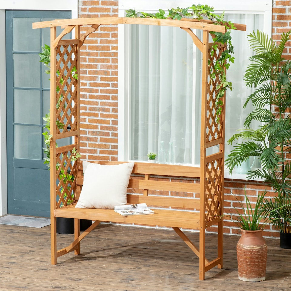 image 1 of Outsunny Arch Pergola Garden Bench, Wooden Garden Arbour with Seat, Brown