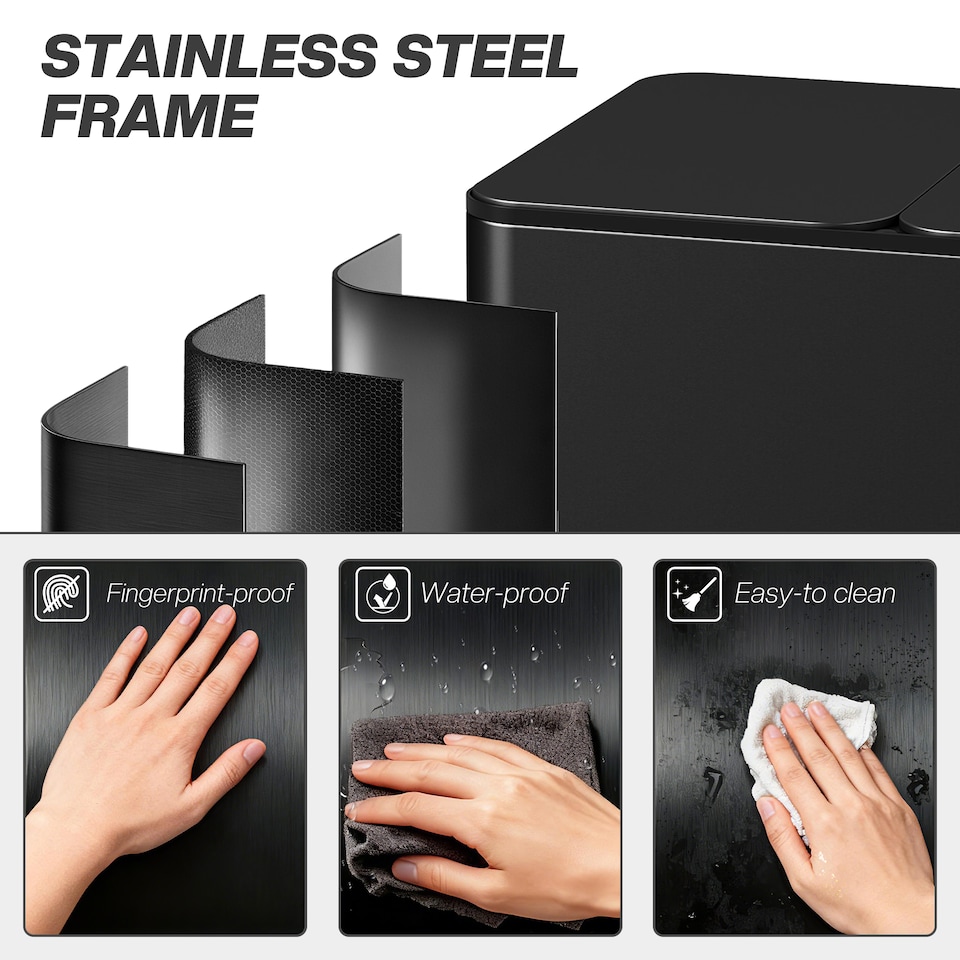 image 1 of HOMCOM Triple Kitchen Bin, 3 x 15L Pedal Bin, Stainless Steel Three Rubbish Bin with Removable Inner Buckets, Soft Close Lid, Fingerprint-Proof for Recycling and Waste, Black | Black | 1