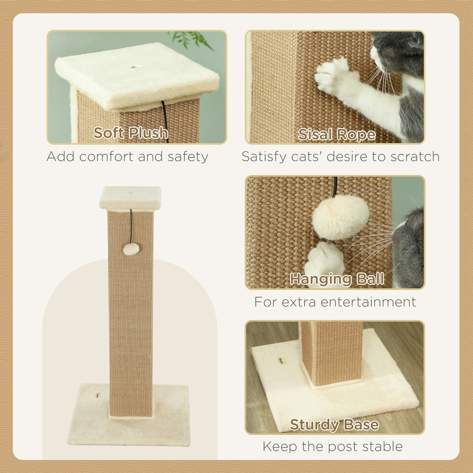 image 1 of PawHut Cat Scratching Post with Vertical Sisal Rope Ball Plush, 81cm, Beige
