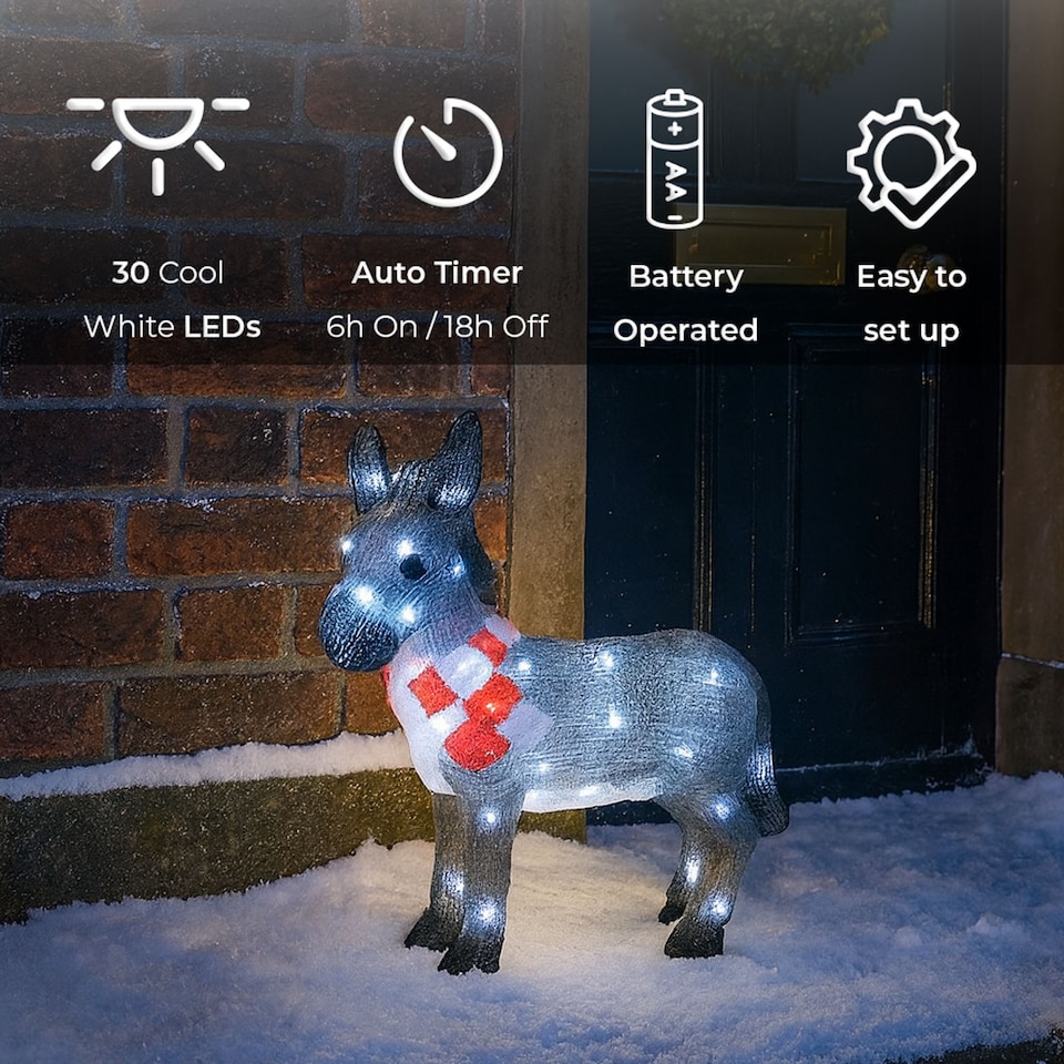 image 1 of Neo 34 cm Donkey Acrylic Christmas Light 30 Cool White LED Christmas Light Battery Powered Outdoor Indoor Festive Decoration Ornament Auto Timer