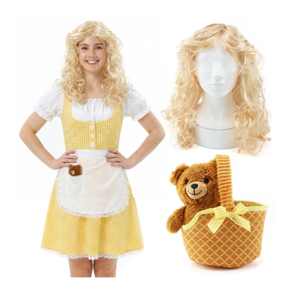 image 1 of Goldilocks Costume - Porridge Dress, Wig, Soft Basket & Bear | Multi | XL