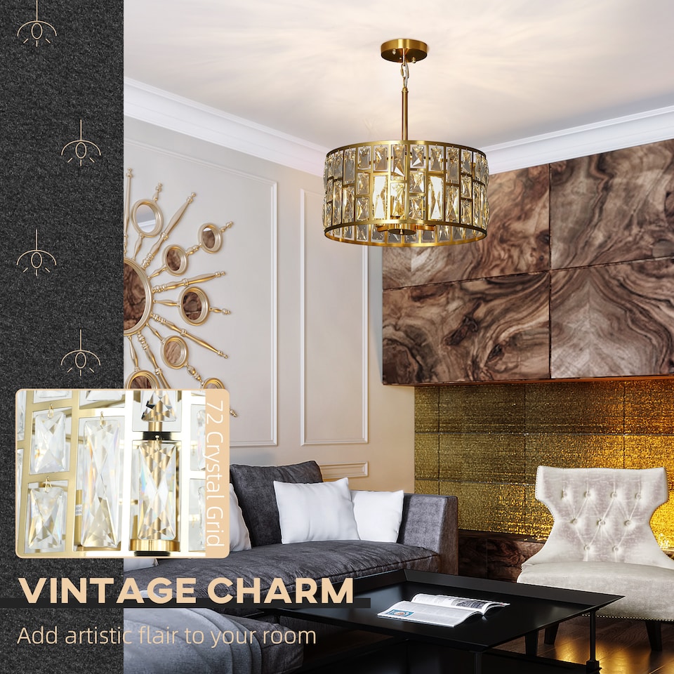 image 1 of HOMCOM Modern Flush Mount Ceiling Light, Crystal Chandelier for Living Room | Gold