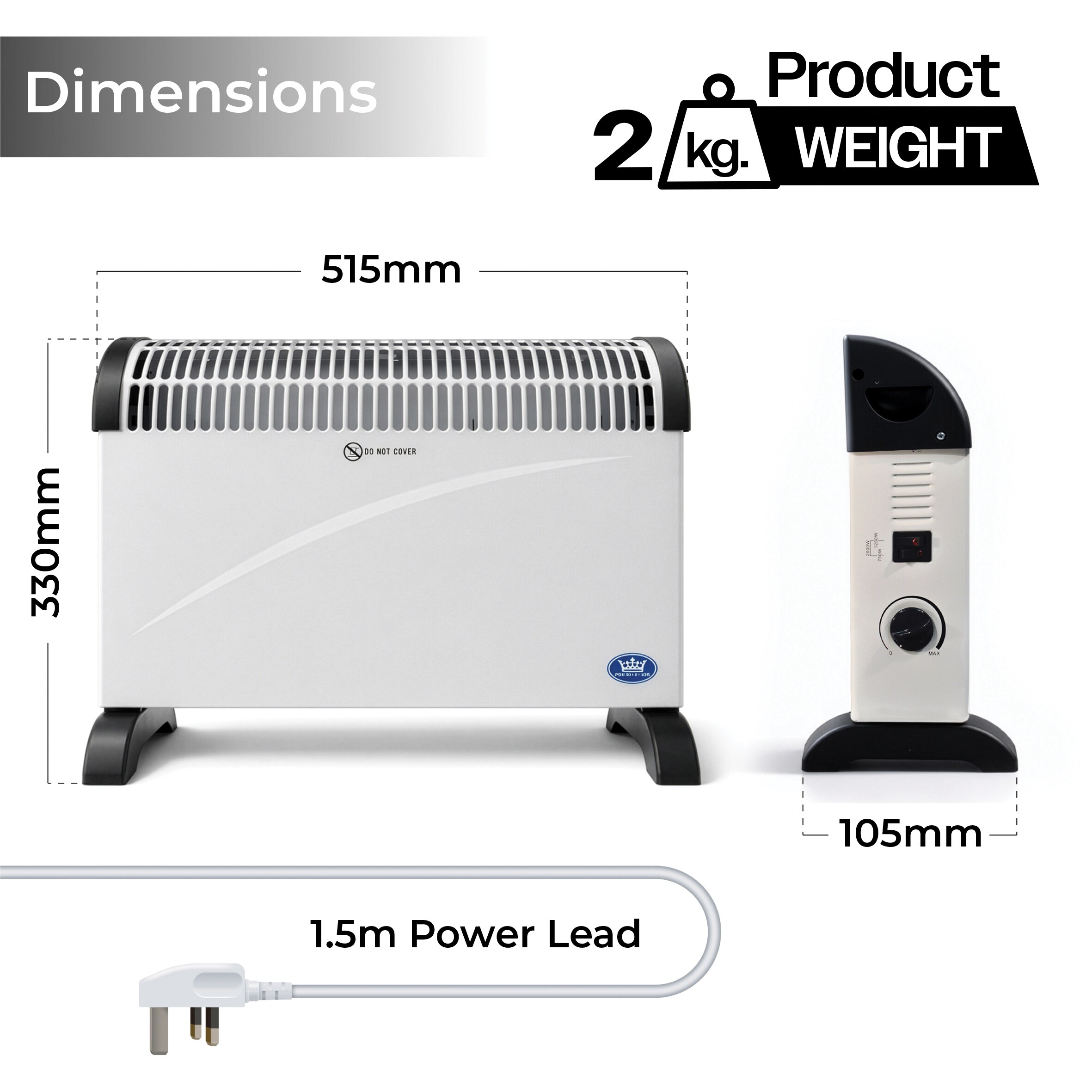 Prem-I-Air 2kW Convector Heater with 3 Heat Settings White - Tesco