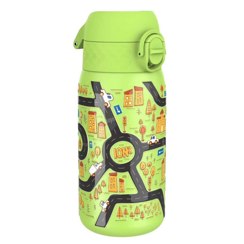 image 1 of Leak Proof Kids Water Bottle, Stainless Steel, 400ml (13oz) | Green | Cars | One Size
