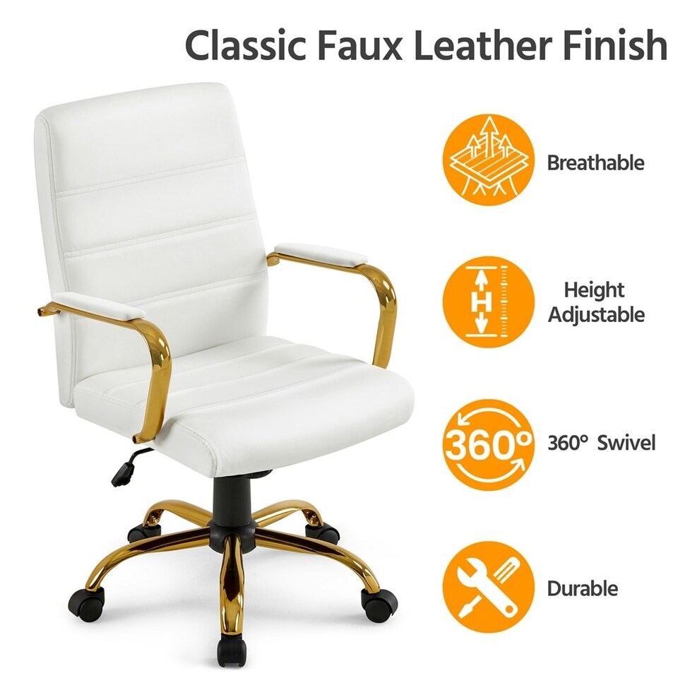 image 1 of Yaheetech Mid-Back Office Chair with Gold Frame White | White