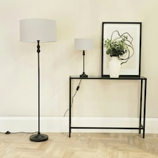 ValueLights Maggie Black Metal Candlestick Slim Table Lamp with White Fabric Drum Lamp Shade
