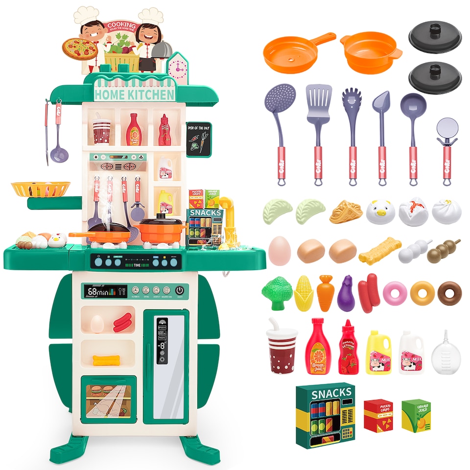 image 1 of Realistic Kitchen Play Set for Toddlers Steaming Spray Lights Cooking Sounds Pretend Role Play (Green)