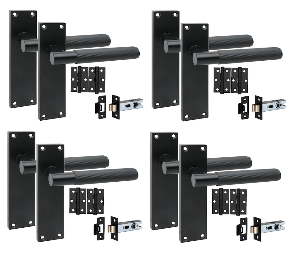image 1 of Golden Grace 4 Pair Victorian T-Bar Linear Design Door Handle Matt Black Finish with Ball Bearing Hinges and Latches - 150 x 40mm