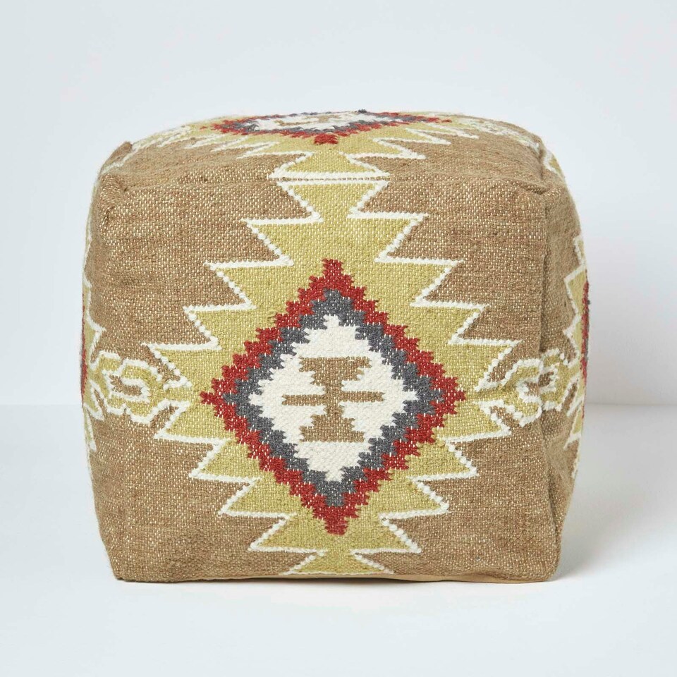 image 1 of Homescapes Jaipur Brown and Orange Kilim Footstool Handwoven Beanbag Pouffe - 43 x 43 cm