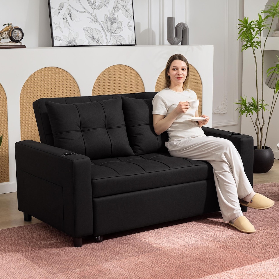 image 1 of HOMCOM 2 Seater Sofa Bed, Linen Click Clack Sleeper Sofa with Pull Out Design, 2 Pillows, Cup Holders, Side Pockets, Convertible Loveseat Bed Settee for Living Room, 157x190cm, Black