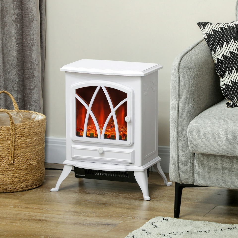 image 1 of HOMCOM Freestanding Fireplace Flame Effect Electric Heater Log Burning White