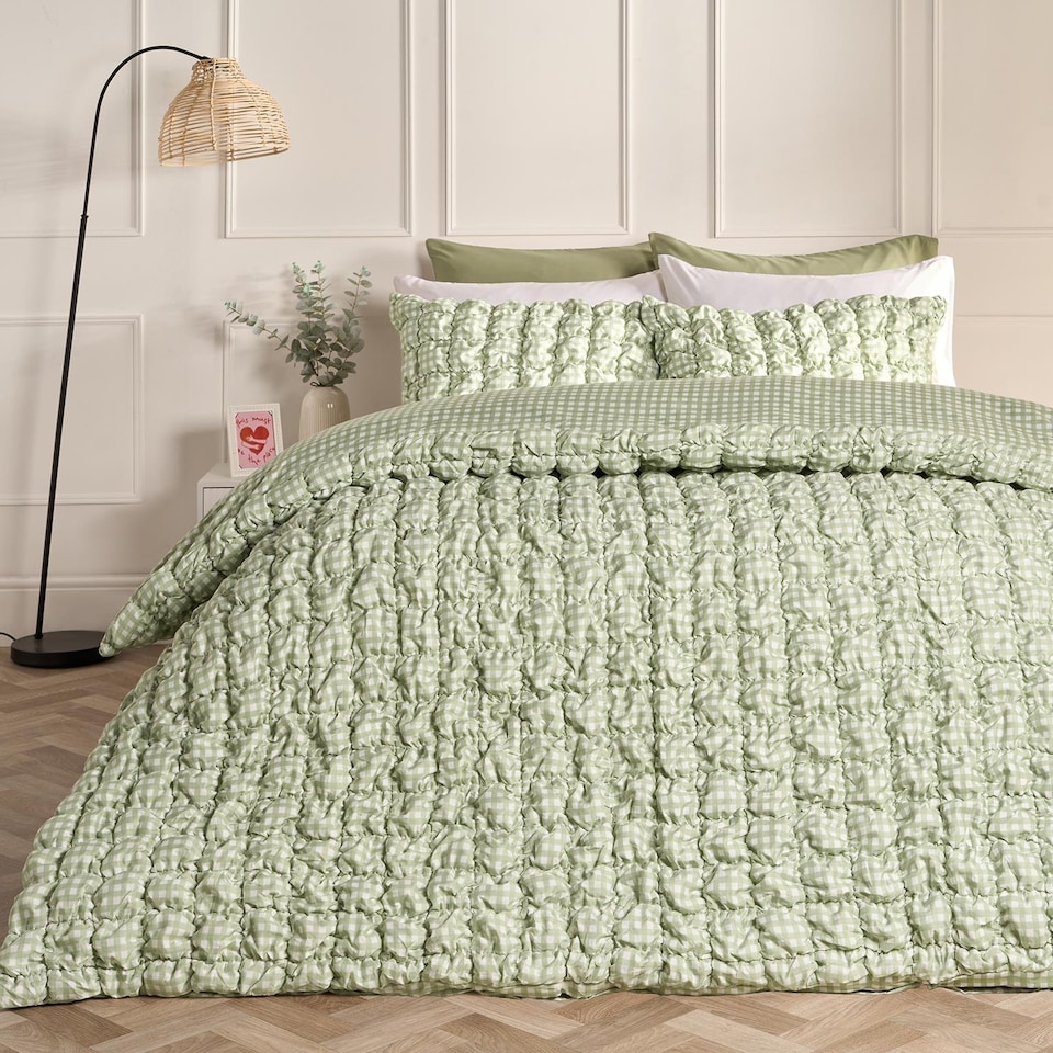 image 1 of OHS Gingham Filled Seersucker Duvet Cover Set with Pillowcase Bedding | Green | Sage | Single