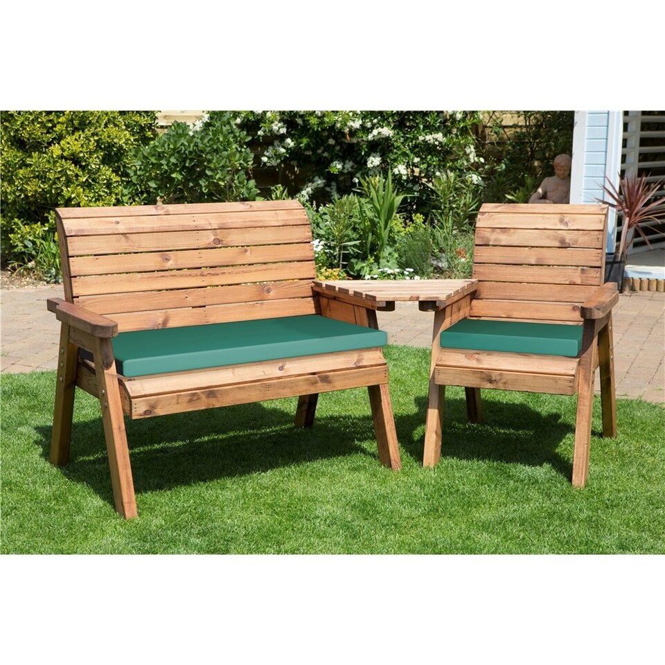 image 1 of Wooden 3 Seat Angled Companion Set With 1 x Bench Cushion Green,1 x Chair Cushion Green & 1 x Fitted Cover
