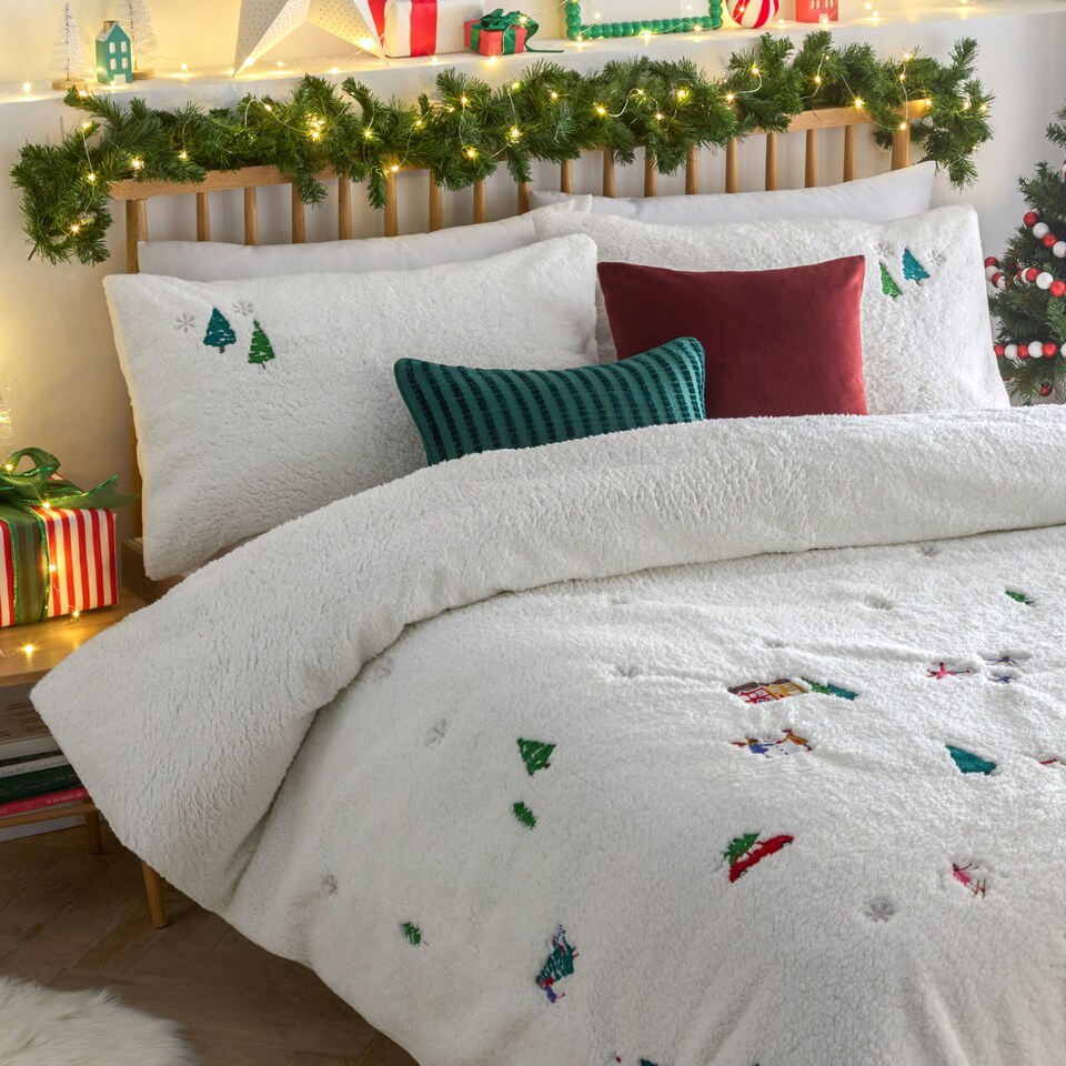 image 1 of furn. Festive Christmas Together Teddy Fleece Duvet Cover Set | White | Double