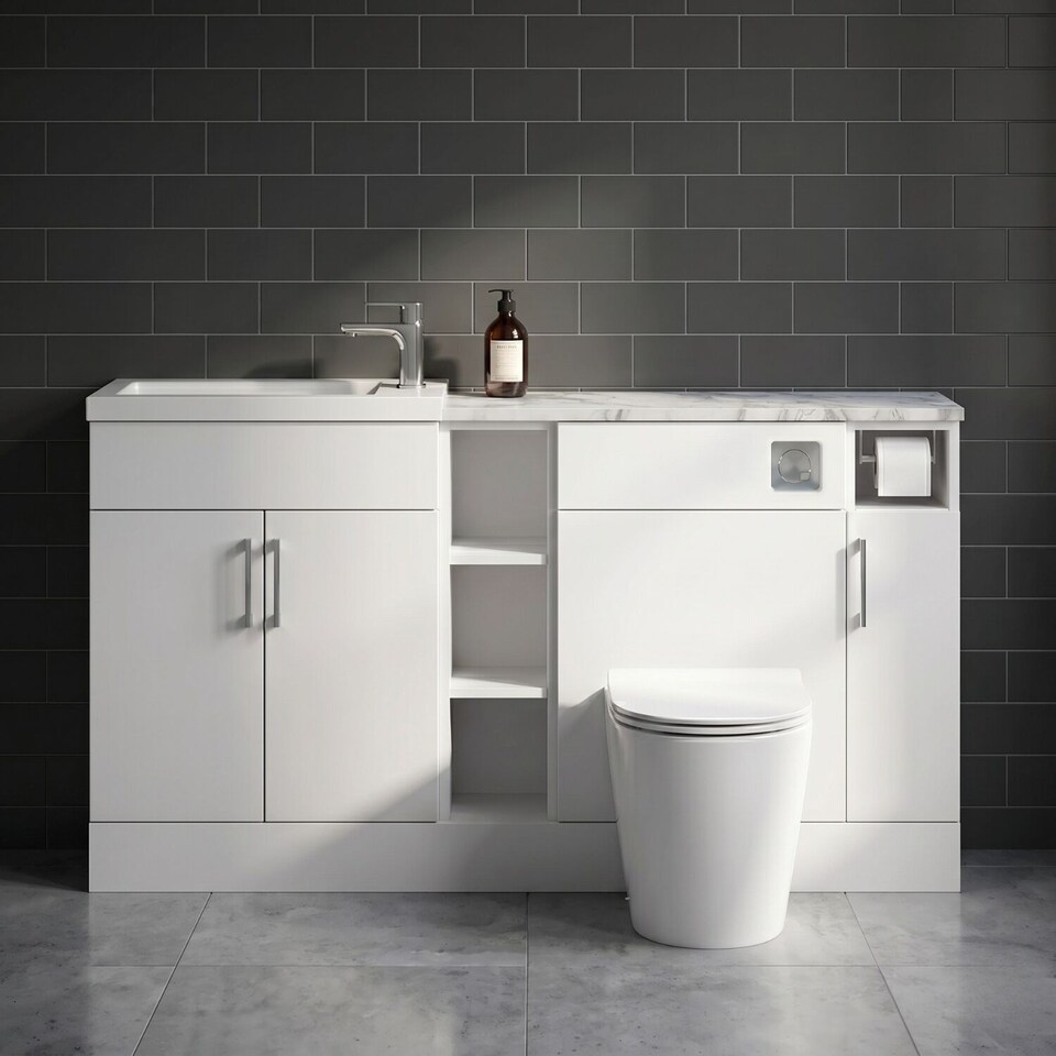 image 1 of Balterley Wichnor Contemporary Floor Standing Compact 3 Door Vanity Basin WC Combination Unit with Basin and Worktop, 1500mm, Matt White