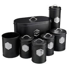 Cooks Professional 7pc Tea, Coffee, Sugar, Biscuit, Pasta, & Bread Bin Canister Set | Black | Black & Silver
