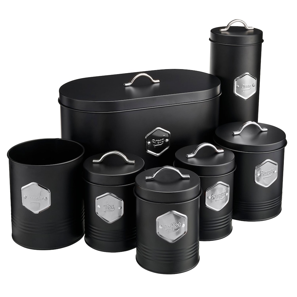 image 1 of Cooks Professional 7pc Tea, Coffee, Sugar, Biscuit, Pasta, & Bread Bin Canister Set | Black | Black & Silver