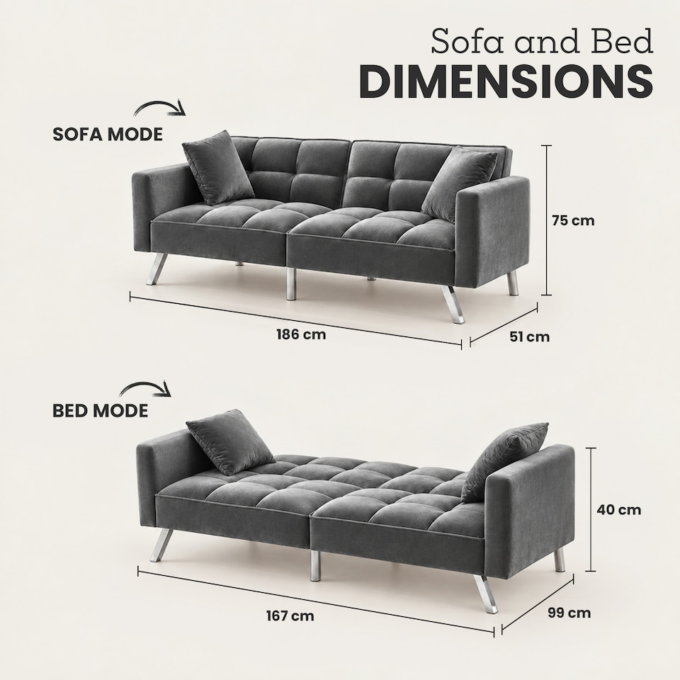 image 1 of Sofa Bed 2 Seater Grey Velvet Click Clack Sofa Settee Recliner Couch with Metal Legs with 2 Pillows