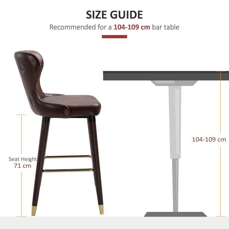 image 1 of HOMCOM Bar Stools Set of 2, PU Leather Barstools with Backrest, Footrest and Solid Wood Legs, Dining Stools for Kitchen, Counter, Breakfast Bar, Brown