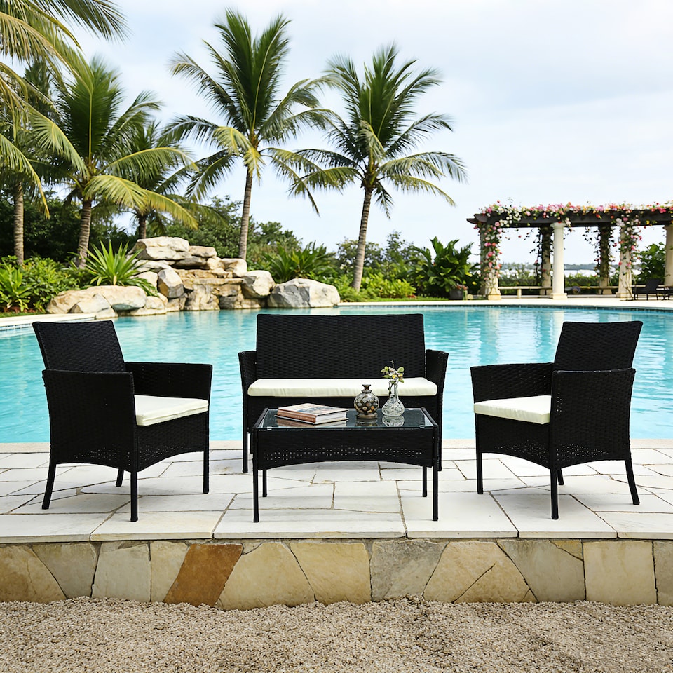 image 1 of Alivio 4 Piece Rattan Sofa Set Patio Furniture with Coffee Table Weather Resistant UV Protected Cushions for Indoor Outdoor Use | Black | 1