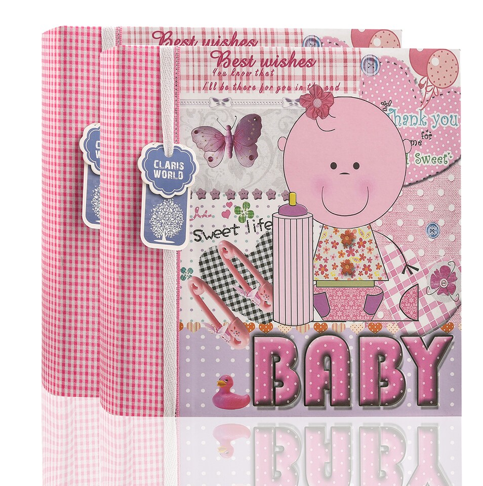image 1 of ARPAN Baby Photo Album 6x4 for 200 Photos, Pink Baby Girl Memo Slip-In Album with Writing Space, Index Page & CD/DVD Pocket, First Year Memory Book & Milestone Keepsake
