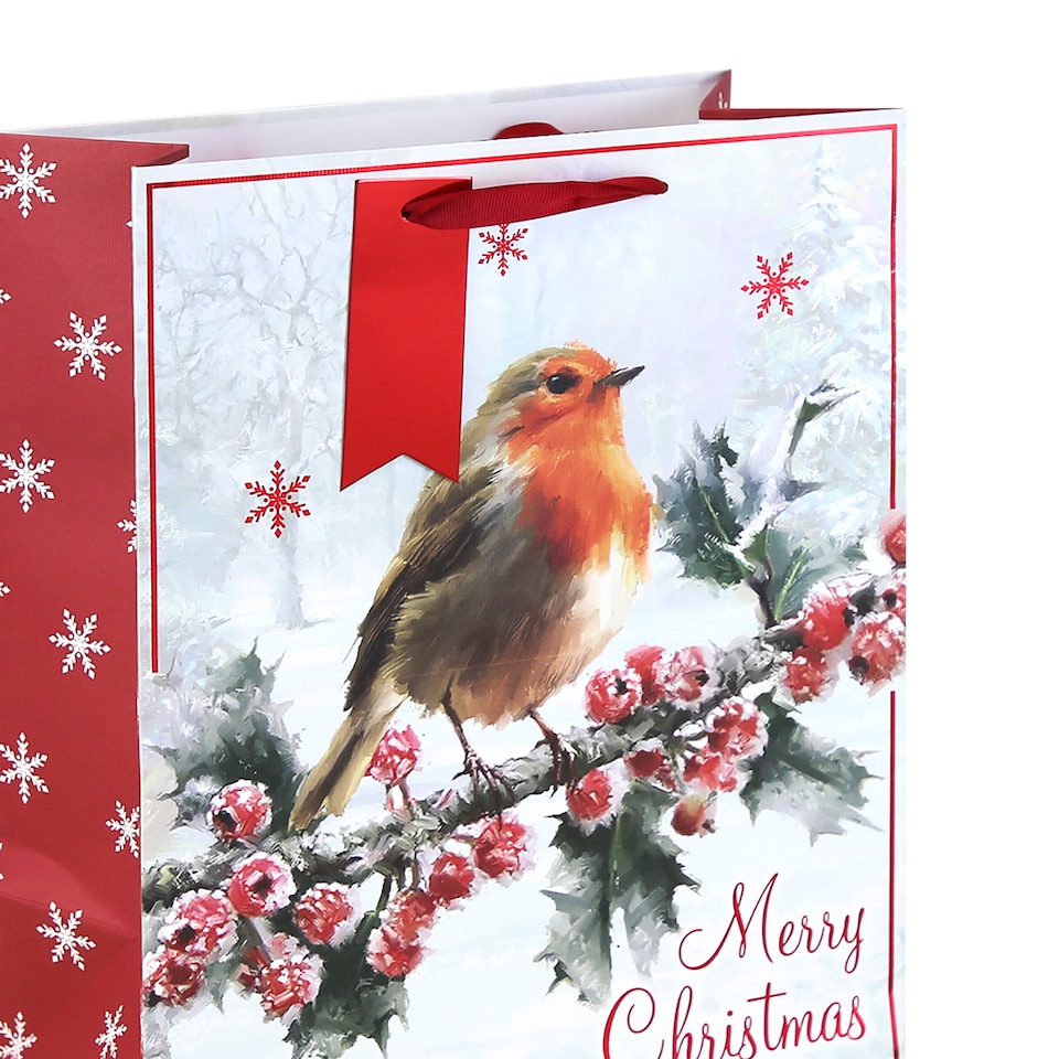 image 1 of Traditional Robin Christmas Large White Kraft Gift Bag 33cm