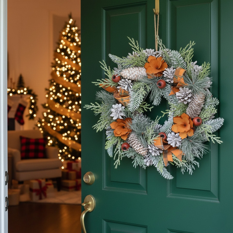 image 1 of Christmas Wreath Festive Decoration with Jute Hanger Traditional Pinecone Decor | Multi | Orange & White | 25cm | 1