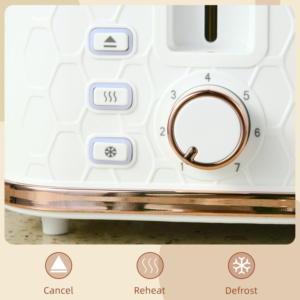 image 1 of HOMCOM Toaster with 4 Slot, 7 Browning Levels, 1600W, White Honeycomb White | Pink accents | 29.3L x 27.6W x 18.9H cm