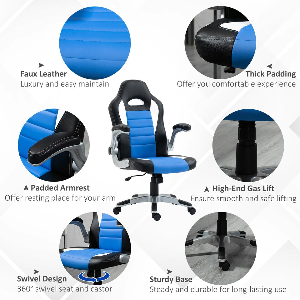 image 1 of HOMCOM Gaming Chair PU Leather Office Chair Swivel Chair w/ Tilt Function, Blue