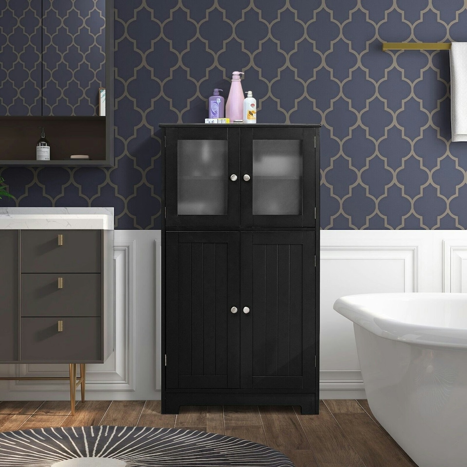 image 1 of COSTWAY 4-Door Bathroom Floor Cabinet Storage Cabine Black Black