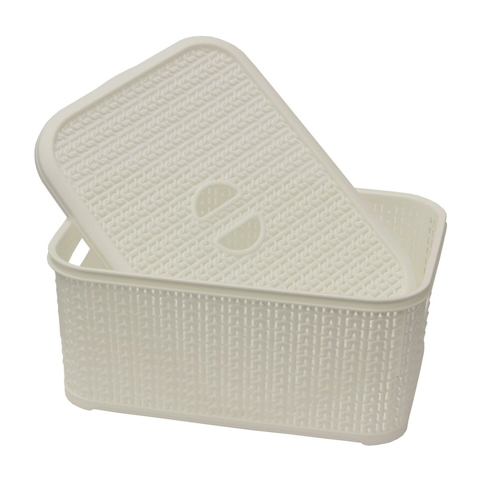 image 1 of JVL Knit Loop Plastic Lidded Rectangular Storage Basket with Handles, 6L - White White