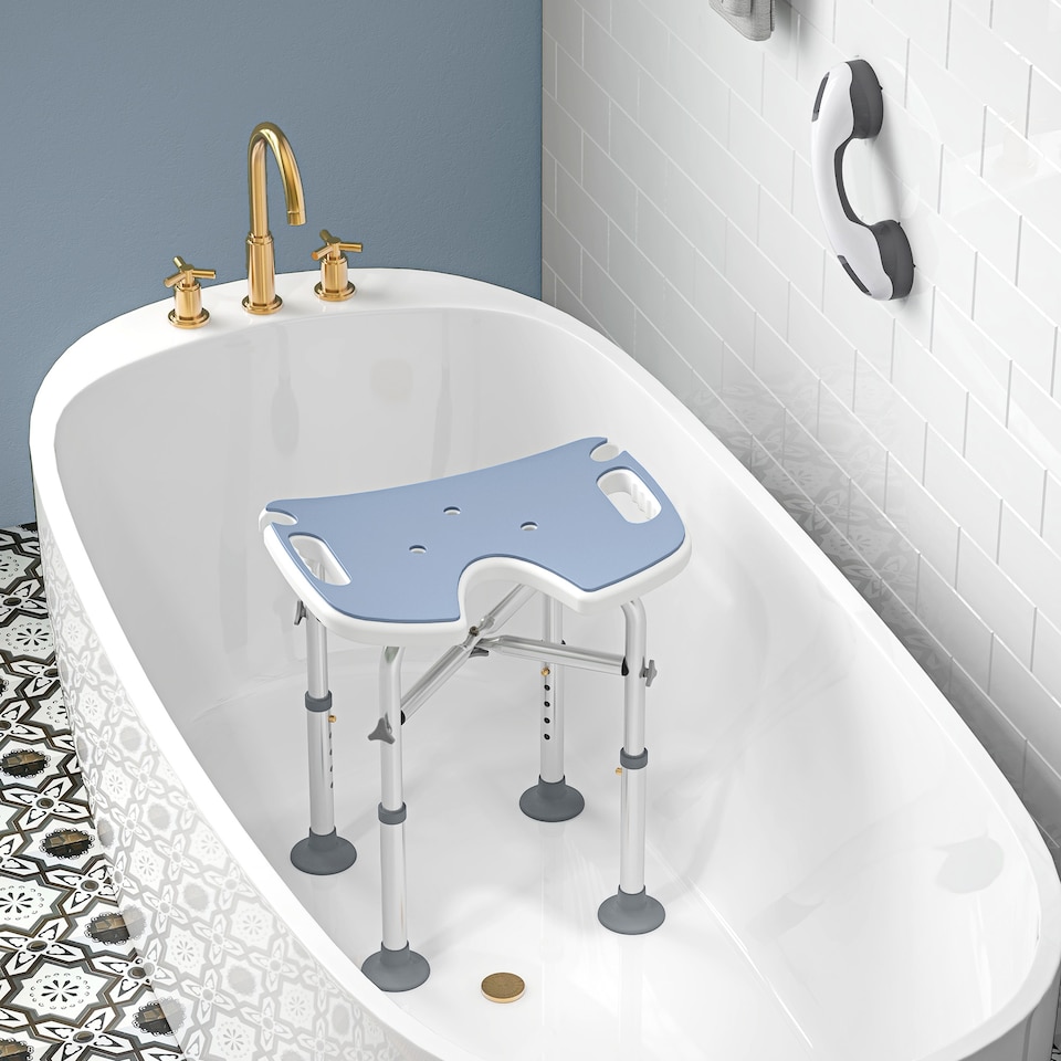 image 1 of HOMCOM Height Adjustable Shower Stool with Suction Grab Rail, Aluminium Shower Chair with U-Shaped Padded Seat, Non-Slip Bath Stool for Elderly, Disabled, Seniors, Pregnant, Light Blue