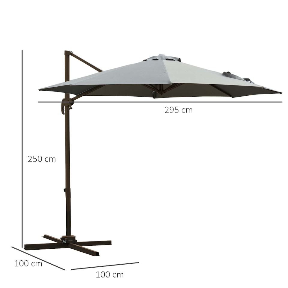 image 1 of Outsunny 3m Patio Offset Parasol Roma Umbrella Cantilever Hanging Sun Shade Canopy Shelter Tilt 360 Rotation with Aluminium Frame Hand Crank Cross Base, Dark Grey
