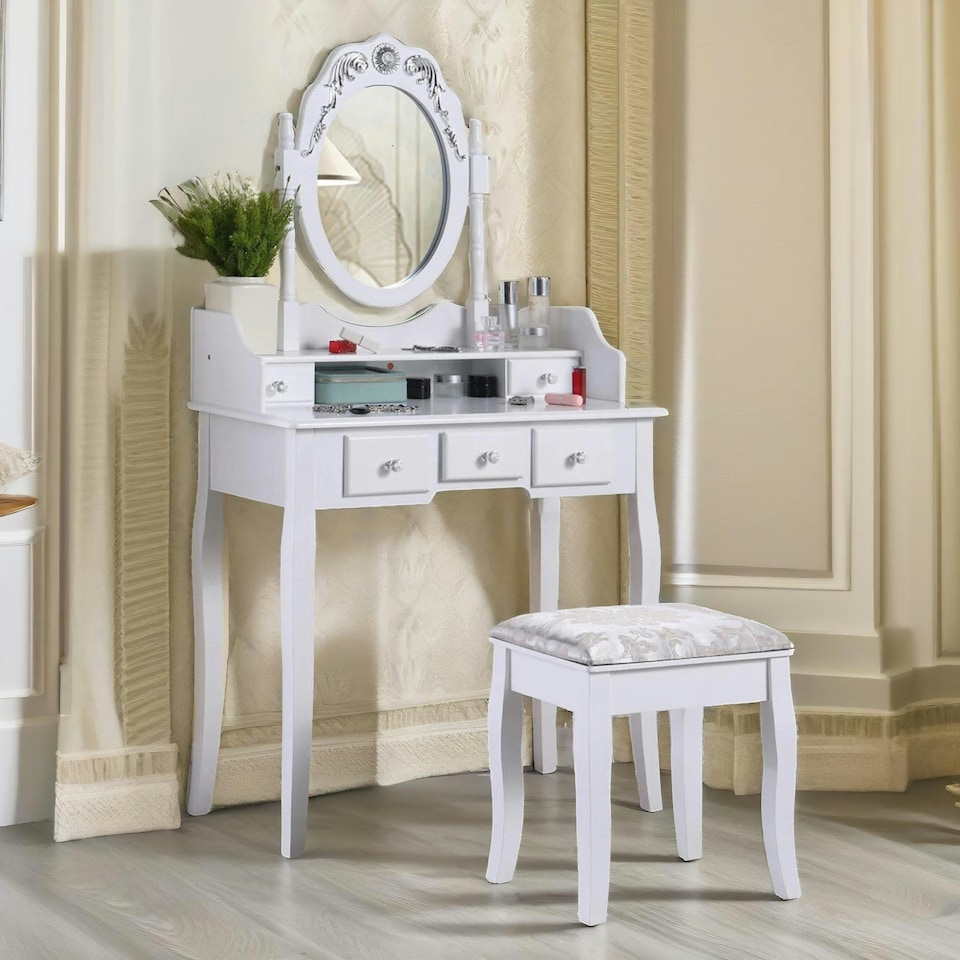 image 1 of 5 Drawer White Dressing Table With Round Mirror And Stool White