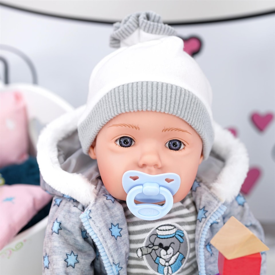 image 1 of BiBi Doll 20" Navy Baby Doll Boy with Grey Jacket, Extra Outfit, Sounds & Dummy Toy