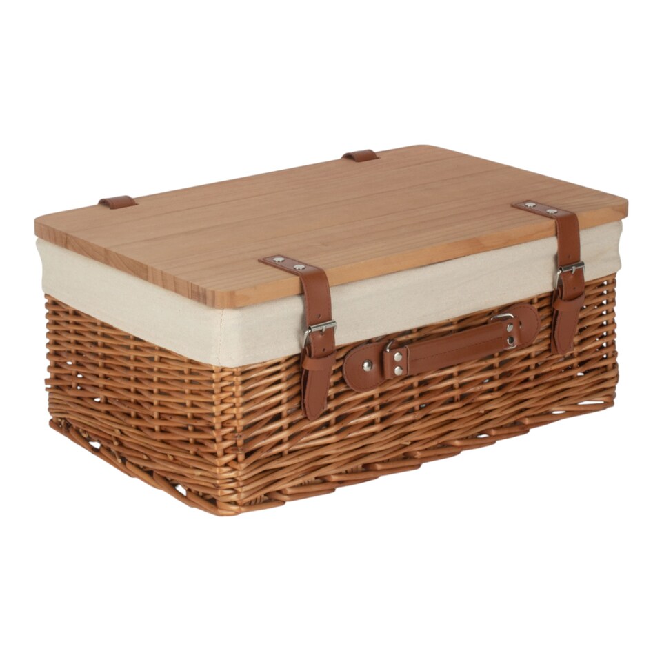 image 1 of 41cm Double Steamed White Lined Willow Empty Picnic Basket with Pinewood Lid | Brown | Brown | M | 1